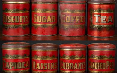 A set of eight 19th century storage tins