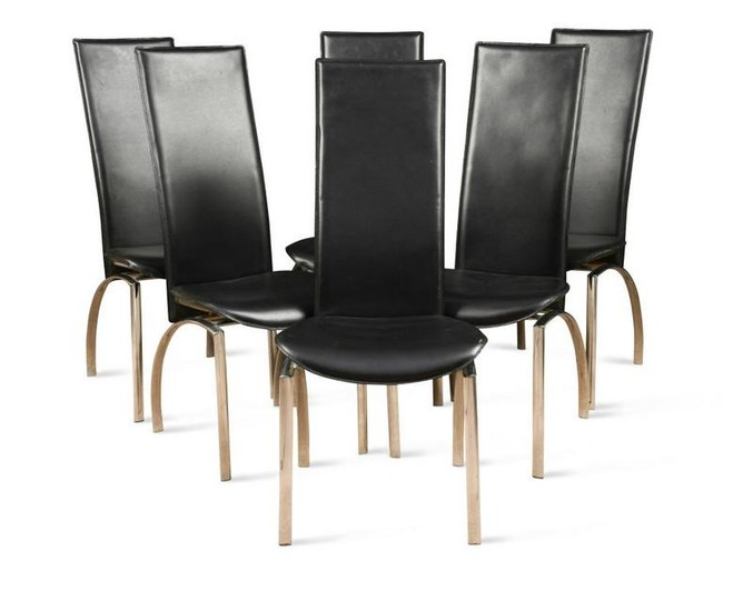 A set of six black vinyl and chrome high-back dining