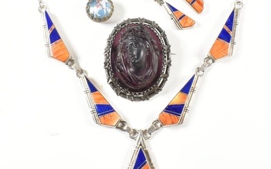 A signed Navajo silver and gem set necklace and earring suit...