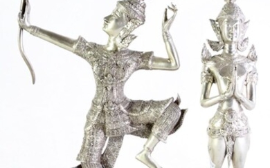 A silvered Thai figure of an archer on timber stand (total height 37.5cm) together with a Thai figure of a deity (H38cm)