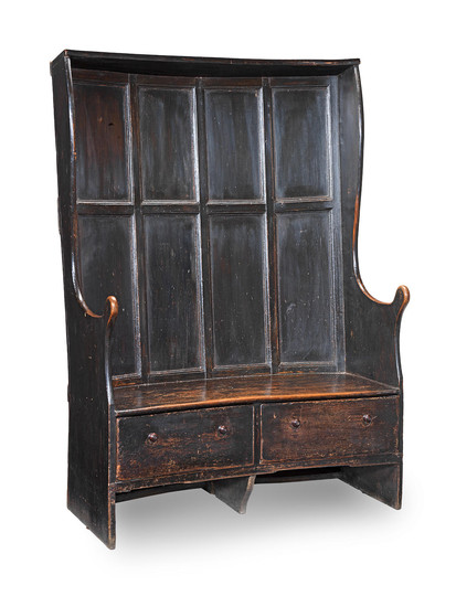 A small late George III boarded elm and painted bowed high-back canopy box-settle, West Country, circa 1800