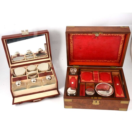 A walnut writing box and lady's travelling toilet set, both with fitted interiors.