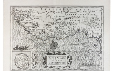 AFRIQUE -- "GUINEE NOVA DESCRIPTIO". (Amst., Mercator/Hondius, vers 1638). Carte engr. unie avec 2 cartouches...