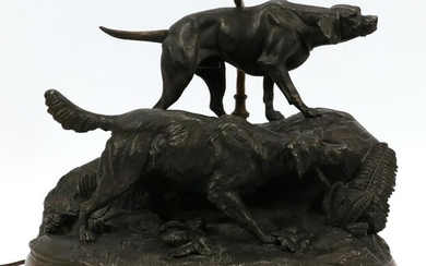 AFTER MENE, SCULPTURE OF HUNTING DOGS MOUNTED AS LAMP