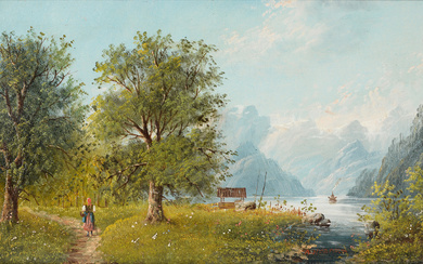 ALBERT RIEGER. Attributed to. “Summer scenery in the Alps”. Oil on hardboard.