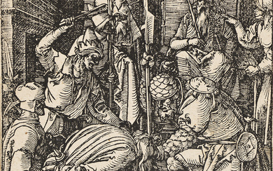 ALBRECHT DÜRER Christ Before Annas. Woodcut, 1510. 128x98 mm; 4x3⅞ inches, thread margins...