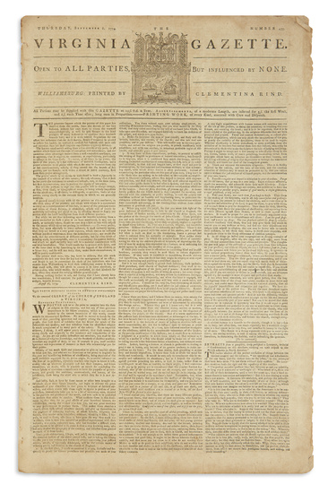 (AMERICAN REVOLUTION--PRELUDE.) Issue of the Virginia Gazette discussing John Hancock, the Continental Congress,...