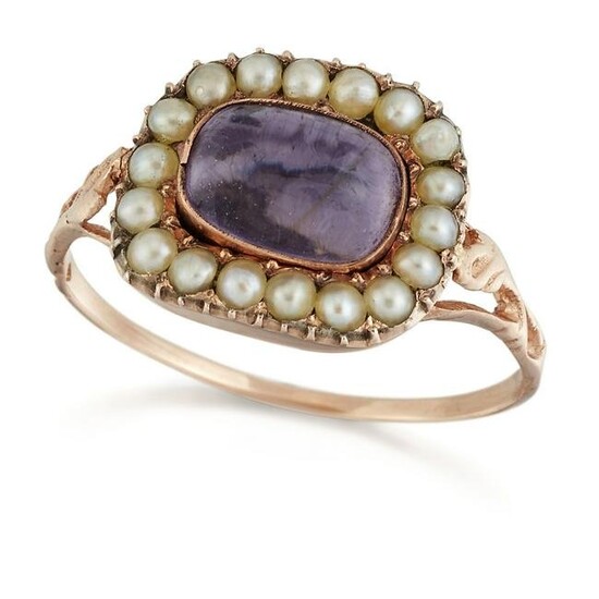 AN AMETHYST AND SEED PEARL CLUSTER RING, an oval