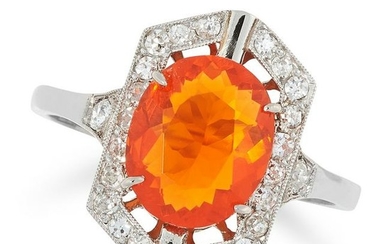AN ANTIQUE ART DECO FIRE OPAL AND DIAMOND RING set with