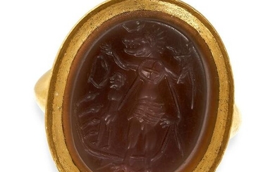 AN ANTIQUE GNOSTIC ABRAXAS INTAGLIO RING in 18ct yellow