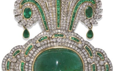AN EMERALD AND DIAMOND-SET GOLD BROOCH PROBABLY EUROPE FOR TH...