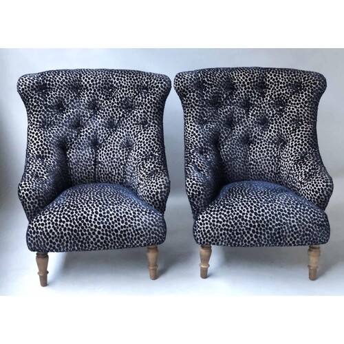 ARMCHAIRS, a pair, Victorian style with blue and silver spot...