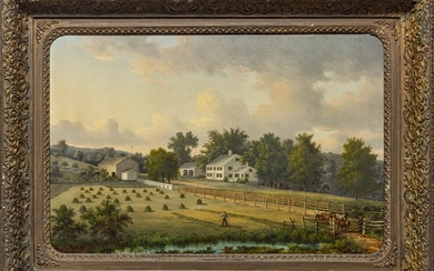 ATTR. GEORGE BOICE DURRIE (AMERICAN, 1842-1907) OIL ON CANVAS MOUNTED TO BOARD, C. 1860, H 19.5", W 29.25", NEW ENGLAND FARM