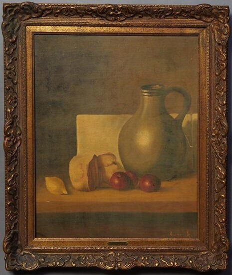 A.V. Sneek, "Still Life of Jar, Cheese and Fruit," 20th
