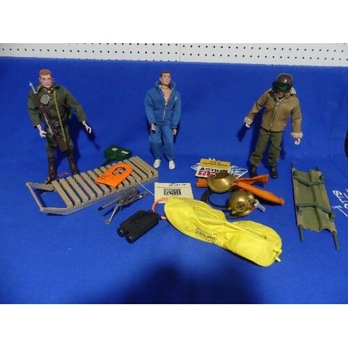 Action Man; three vintage man dolls with various uniforms a...