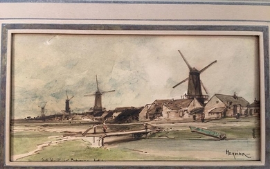 Adolphe HERVIER (1818-1879) Paysage aux moulins Plume et...