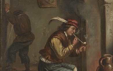 After David Teniers the Younger and After Gerrit Dou, Dutch 1610-1690 and Dutch 1613-1695- A Man smoking his clay pipe by an open fire; A Tavern scene with a man and woman drinking wine; and An Old schoolmaster cutting his pen; oils on tin, the...