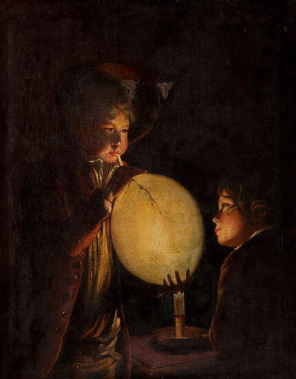 After Joseph Wright of Derby, ARA, British 1734-1797- Two boys by candlelight, blowing a bladder; oil on canvas, 90.2 x 70 cm. Provenance: Collection of David Pleydell-Bouverie and Ava Alice Muriel Astor, USA. Exhibited: San Francisco, California...
