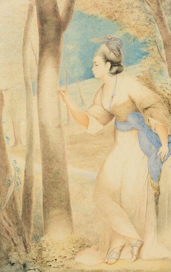 After Sir Joshua Reynolds, PRA, British 1723-1792- Joanna Leigh, Mrs Richard Bennett Lloyd, inscribing her name on a tree; pencil and watercolour on paper, inscribed 'J R Shg 69' (lower left), 40 x 24.8 cm. Note: A 19th-century copy by an...