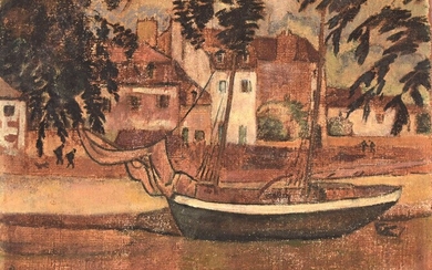 Alcide LE BEAU (1872-1943) "Port breton, barque près du quai" hst sbg 54x65