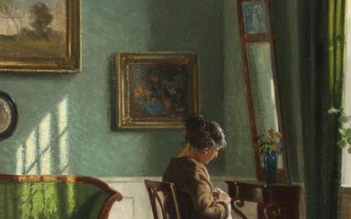 Alfred Broge (b. Copenhagen 1870, d. Brønshøj 1955) Interior with a young...