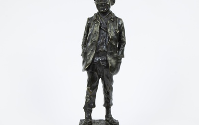 Alfred Egide CRICK (1858-1931), patinated bronze sculpture on red marble base Le gavroche (1891), signed and with foundry stamp fonderie national de bronzes, anc. firme J. Petermann, St-Gillis Bruxelles