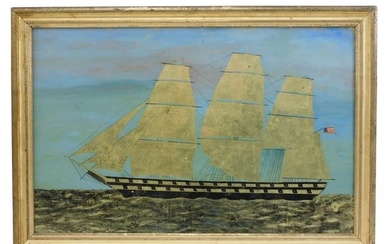 American Reverse Painting on Glass of Ship. Early