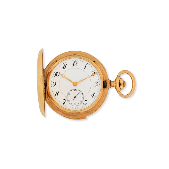 An 18K gold keyless wind full hunter minute repeating pocket watch