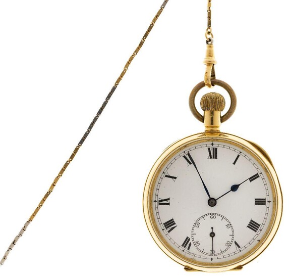 An 18ct gold open-face pocket watch and watch chain, the pocket watch with white enamel dial with Roman black numerals, subsidiary dial for constant seconds, blued steel beetle and poker hands, unsigned keyless jewelled lever movement, to plain...