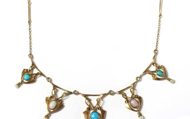 An Art Nouveau, gold, turquoise and opal necklace