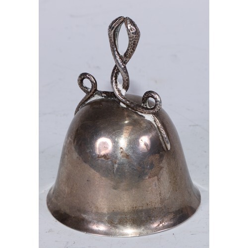An Edwardian silver table bell, double serpent handle, 10cm ...