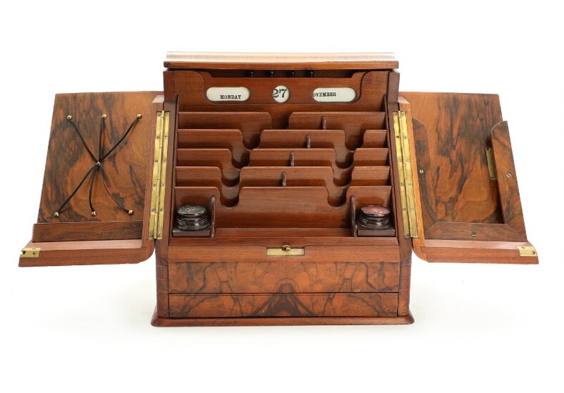 An English walnut travel writing box with mechanical drawer. Late 19th century. H. 34. W. 34. D. 25 cm.