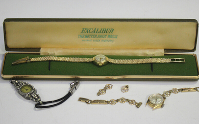An Excalibur 9ct gold lady's bracelet wristwatch, the signed silvered dial with black Arabic nu