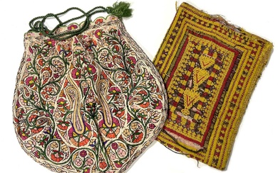 An Indian silk embroidered Indian drawstring bag, and a Kashmir Baluch bag