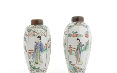 An associated pair of Chinese famille verte oviform jars Qing dynasty, Kangxi...