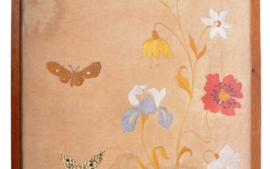 An early 20th Century tapestry embroidery panel depicting butterflied and blossoming flowers on beige ground. Framed & glazed. Measures approx. 74cm x 43cm.