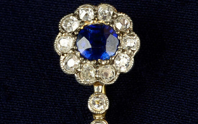 An early 20th century 12ct gold and platinum, sapphire and old-cut diamond cluster stickpin.