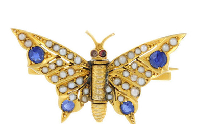 An early 20th century gold sapphire and split pearl butterfly brooch.