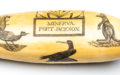 An early whale tooth 'Minerva. Port Jackson' scrimshaw featuring frigate...
