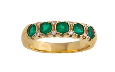 An emerald and diamond half-hoop ring, set with circular-cut emeralds, accented with brilliant-cut diamond points, ring size M, British hallmarks for 18-carat gold