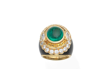 An emerald, sapphire, diamond and enamel bombé ring