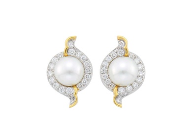 Angela Cummings, Assael Pair of Gold, Platinum, South Sea Cultured Pearl and Diamond Earclips