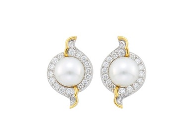 Angela Cummings, Assael Pair of Gold, Platinum, South Sea Cultured Pearl and Diamond Earclips