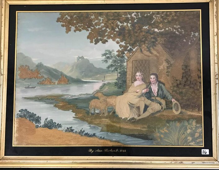 Ann Burbank 1822 Painting with Needlepoint of 2 Lovers