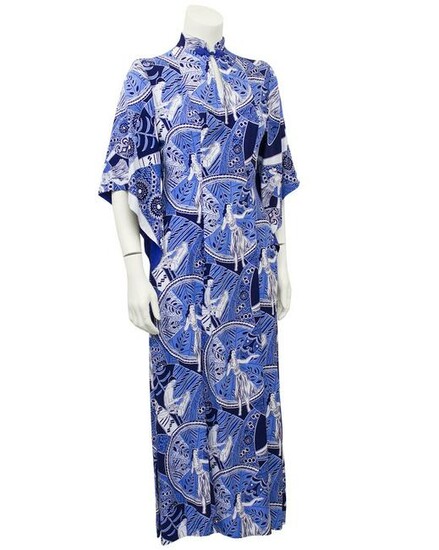 Anonymous Blue Hawaiian Print Rayon Hostess Gown