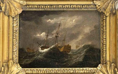 Anonymous marine painter of the 18th century, Seascape with three ships in a storm, oil on wood