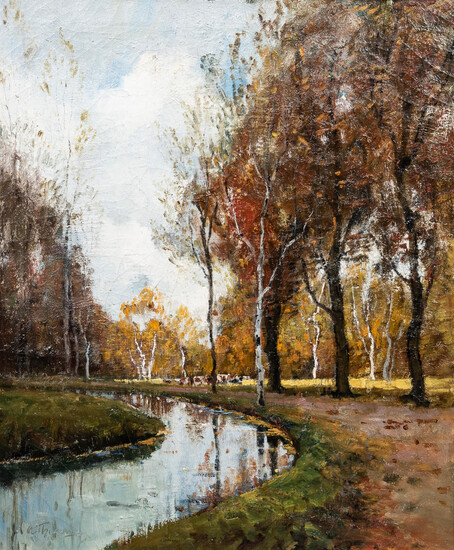 Anthony Thieme (American, 1888-1954) Autumn Scene with Cows by the Banks of a Stream 30 x 24 in. (76.5 x 63.5 cm) (framed 36 x 31 in.)