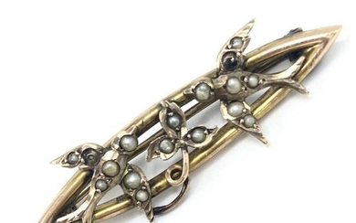 Antique 9k Gold Swallow Bird & Seed Pearl Pin