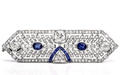 Antique Art Deco Diamond Sapphire Platinum Pin Brooch
