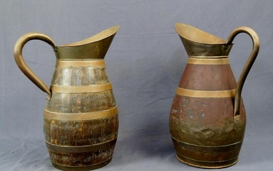 Antique Brass and Wood Barrel & Brass Pitchers